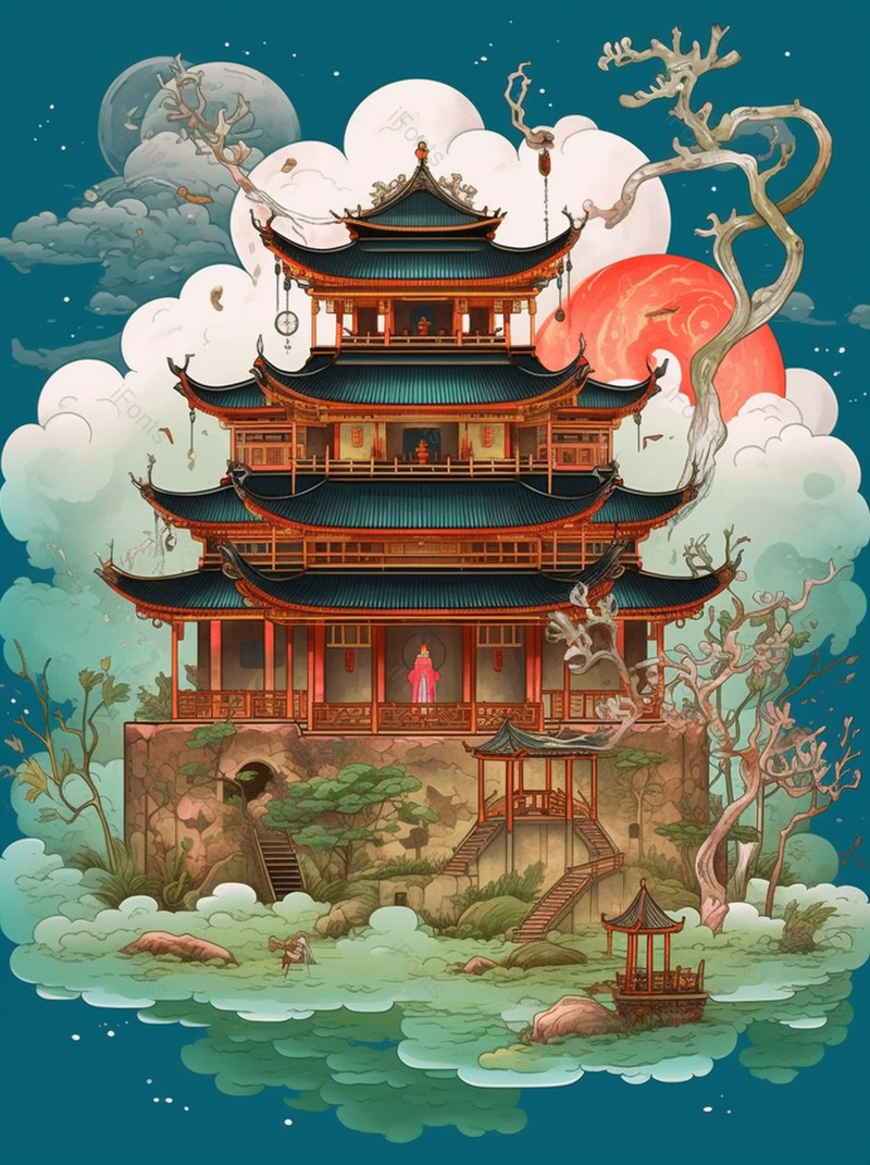 中国风楼阁国潮风节日中秋插画背景,插画/手绘图,插画/手绘图库,插画/手绘图下载,插画/手绘